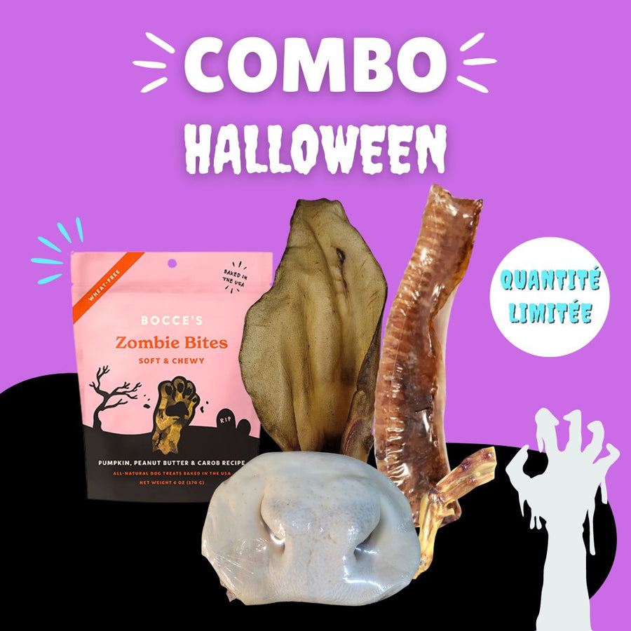 Combo Halloween d'Animaluxe pour chien, incluant des gâteries et des articles de mastication naturels.