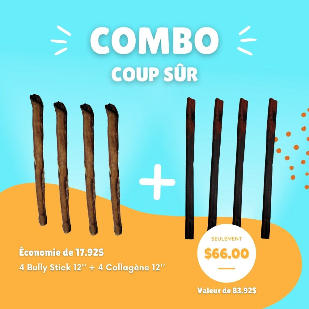 Combo Trio Coup Sûr, gâteries naturelles pour chien, avec bully sticks et bâtons de collagène