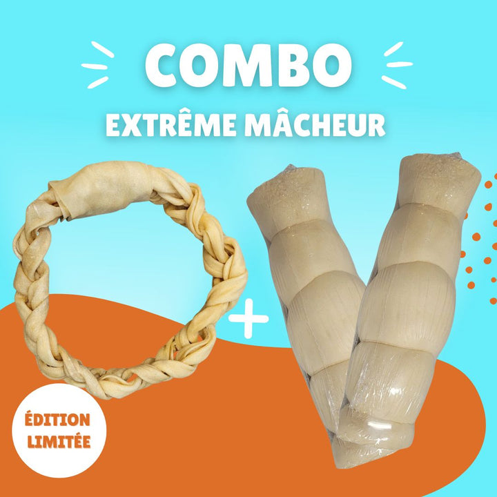 Combo extrême mâcheur avec anneau de buffle d'eau tressé et cheeky rolls jumbo pour chiens