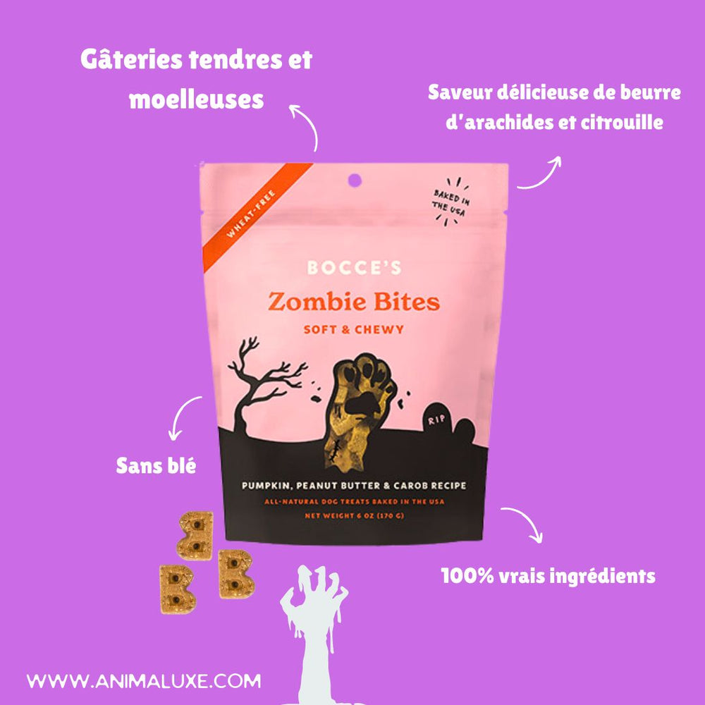 Sac de gâteries exclusives Zombie Bites avec des avantages sains pour les chiens, parfait pour Halloween.